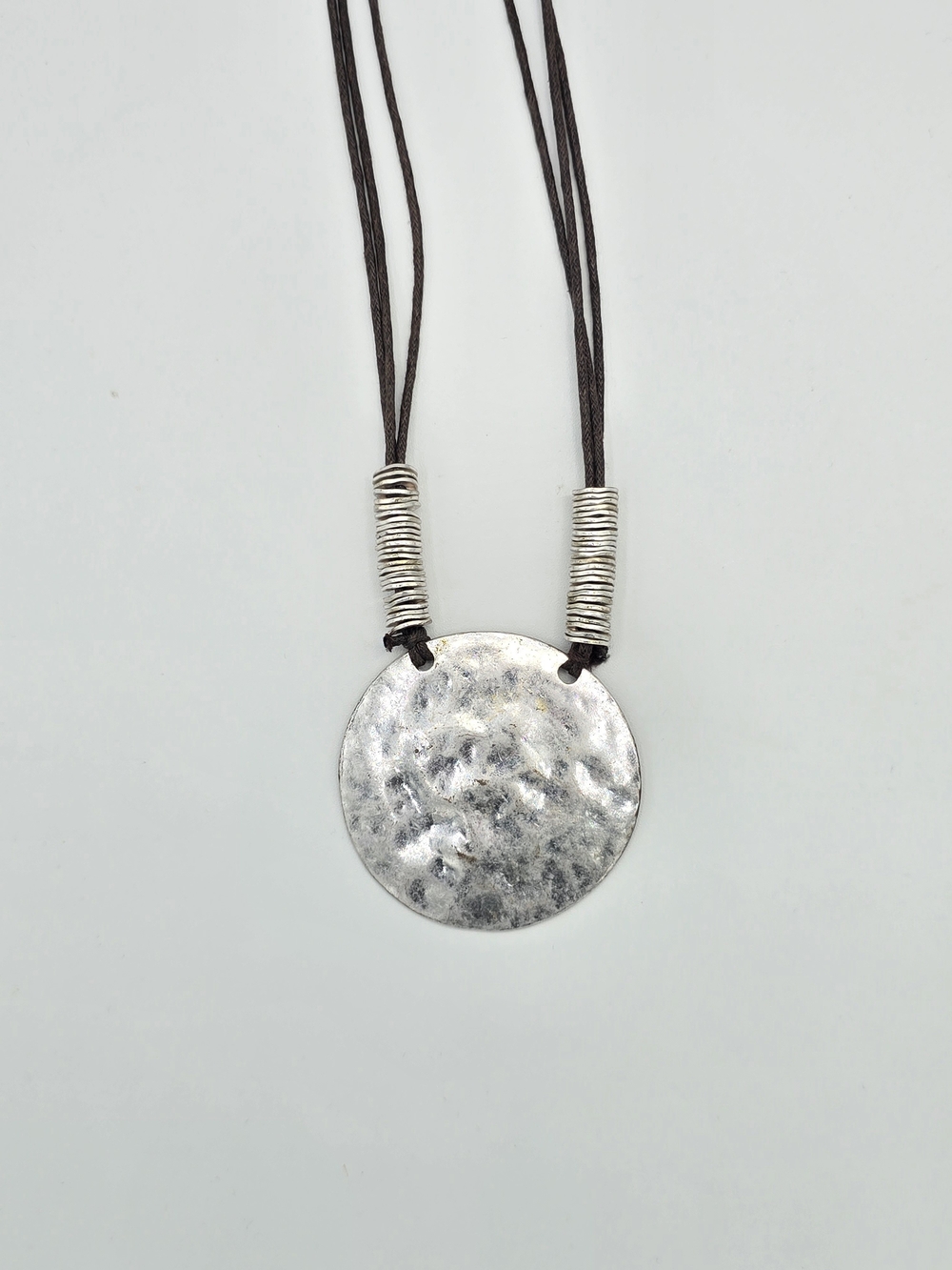 Lia Sophia Long Brown Cord Hammered Silver Disc Pendant Necklace
